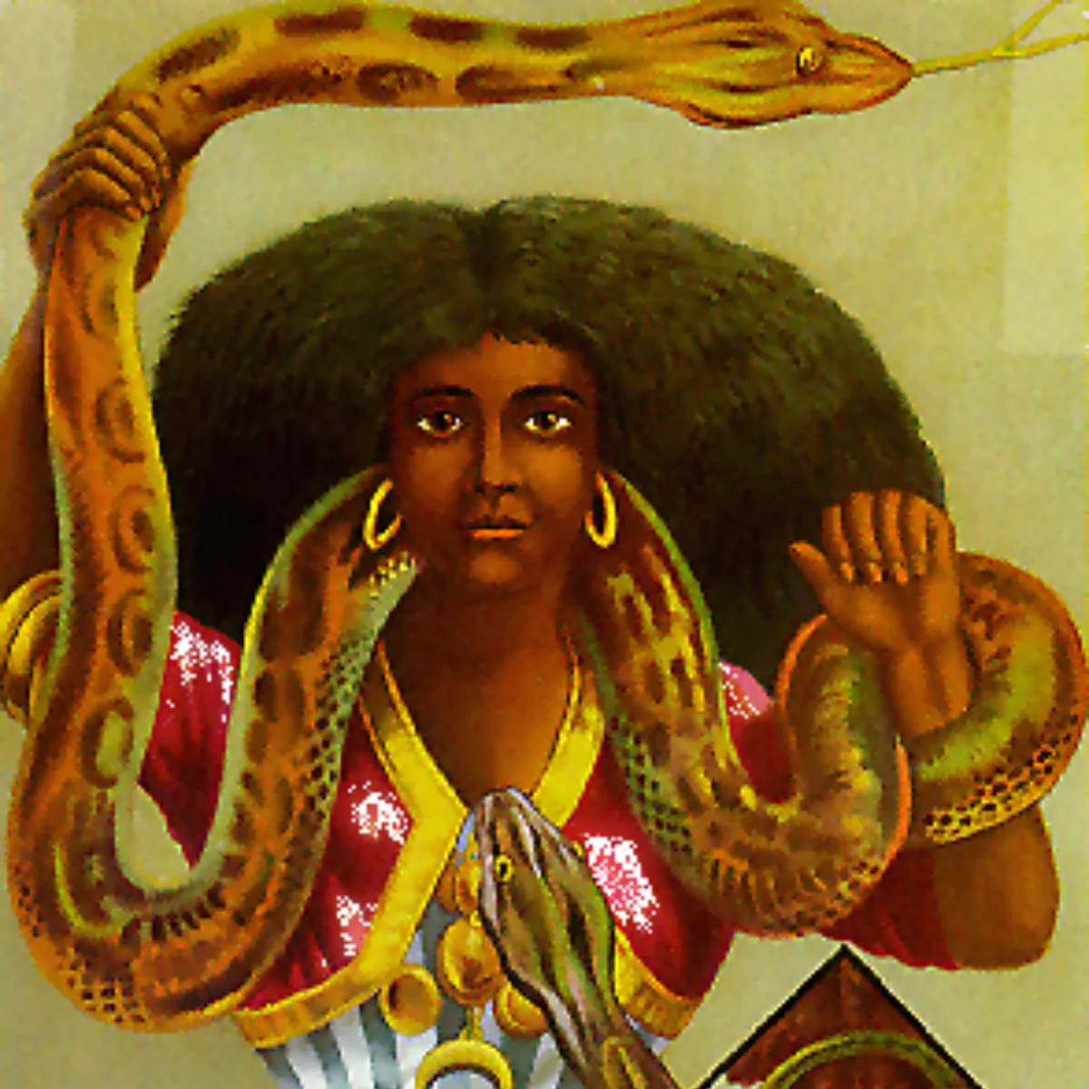 Havgudinna Mami Wata vernar mødrer og born, og speler mange roller i vest-afrikanske forteljingar. Ho er framstilt på ulike måtar, og i nokre, som denne, ber ho fleire slangar som glir rundt kroppen.